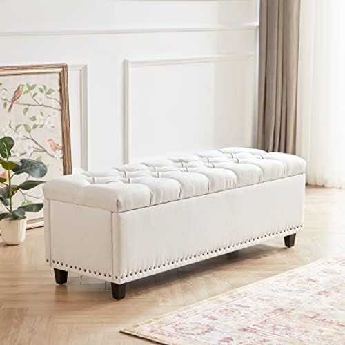 Tbfit Ottoman with Storage, 50.8" Upholstered Button Tufted End of Bed Bench with Safety Hinge & Rivets, Large Entryway Bench, Foot Rest Stool for Bedroom, Living Room (Beige)