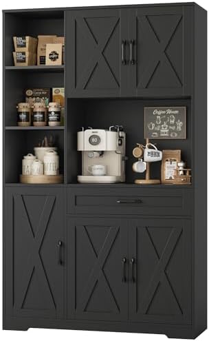 HOSTACK 71" Tall Kitchen Pantry Storage Cabinet, Farmhouse Food Pantry Cabinet with Microwave Stand, Barn Doors Kitchen Hutch Cabinet with Large Drawer and Shelves for Dining Room, Black