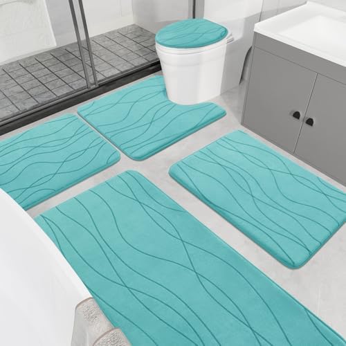 YIHOUSE Memory Foam Bathroom Rug Sets 5 Piece, Ultra Absorbent Bath Mat for Bathroom - Non-Slip Machine Washable & Dry Quickly, 5 Piece Bathroom Mat Set,Teal