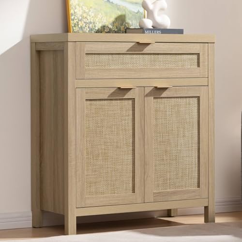 SICOTAS Sideboard Buffet Storage Cabinet, Rattan Accent Cabinet with Doors and Drawer, Boho Credenzas Buffet Table Console Coffee Bar Cabinets for Entryway Living Room, Natural