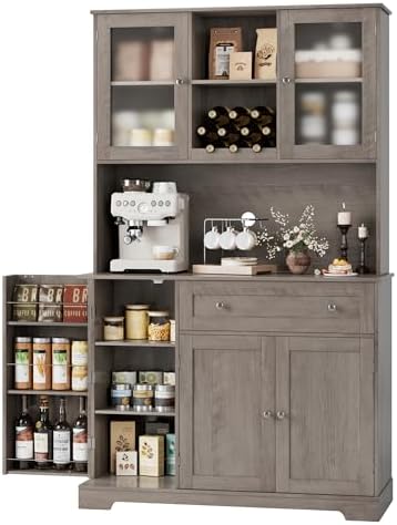 HOSTACK Kitchen Pantry Storage Cabinet with Hutch, Tall Kitchen Hutch with Microwave Stand, Food Pantry Cabinet with Doors and Shelves | Wine Rack for Dining Room, Ash Grey