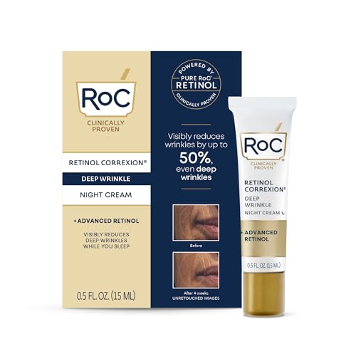 RoC Retinol Correxion Deep Wrinkle Anti-Aging Night Cream, Daily Face Moisturizer with Shea Butter, Glycolic Acid and Squalane, Skin Care Treatment, Mini 0.5 Ounces (Packaging May Vary)