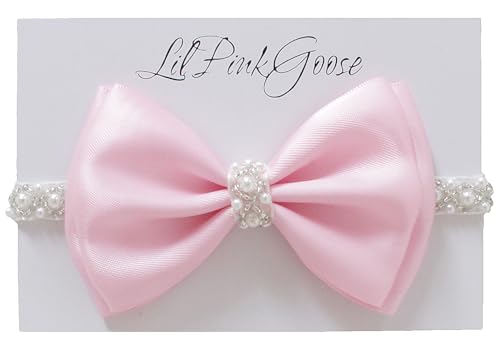 0-12 Newborn Baby Baptism Pearl Headband with Bow in WHITE Christening Headband with Satin Bow, Pearl Rhinestone Band (Pink, 0-3Months)
