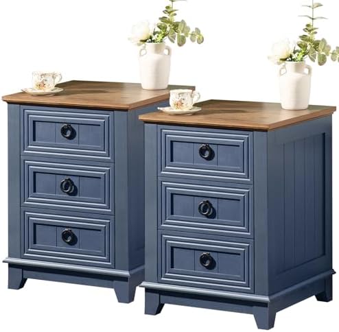 Night Stand Set of 2, Farmhouse 18" End Table with 3 Drawer Metal Handle, Dresser for Bedroom, Sofa Bed Side Table Chest of Drawers,Wood Nightstand Cabinet for Organizer, Living Room-Blue