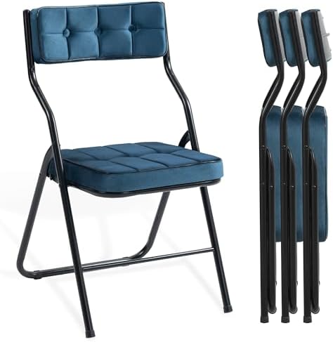 HOMEFUN Padded Folding Chairs 4 Pack - Foldable Dining Chair with Cushion, Portable and Assembled Extra Seat for Guests Kitchen Office Wedding Party Bule