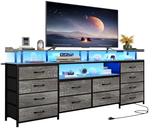 TV Stand Dresser for 65 Inch TV, 63" W with LED Lights & Power Outlets, Grey Long Dresser with 12 Fabric Drawers, Entertainment Center with Shelves, for Bedroom