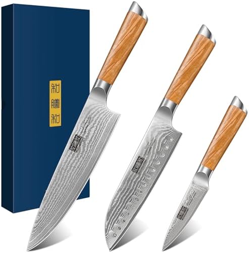 HOSHANHO Damascus Kitchen Knife Set 3-Piece, Ultra Sharp 8" Chef Knife, 7" Santoku Knife, 3.75" Paring Knife, Professional VG-10 Damascus Super Steel Chef Knife Set with Ergonomic Handle