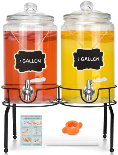 1 Gallon Beverage Dispenser 2 Pack, Stainless Steel Spigot Drink Dispenser for Parties with Stand, Clear Glass Drink Container Easy to Refill and Clean