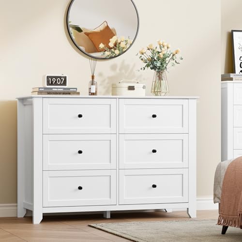 IDEALHOUSE White 6 Drawer Dresser for Bedroom, Large Dresser with Deep Drawers & Metal Knobs, Modern Wooden Chests of Drawers for Entryway, Hallway