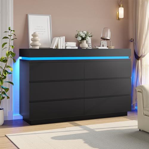 DICTAC Modern 6 Drawer Dresser with Sliding Desktop, Wide Chest of Drawers with Charging Station & LED Lights, Large Storage Tower Clothes Organizer, Black Dresser for Bedroom