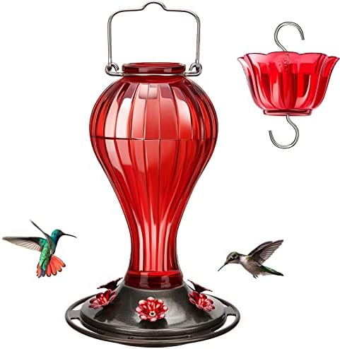 Kingsyard Glass Hummingbird Feeder 24 Ounces, 6 Feeding Ports, Hanging Bird Nectar Feeder for Outdoors Garden Yard Décor, Ant Moat Included, Red