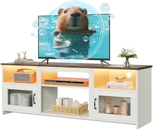 PRAISUN TV Stand for 60 Inch TV, TV Console Cabinet with Power Outlets and LED Lights, 54 Inch Entertainment Center, 2 Acrylic Cabinets, 4 Cable Holes, Open Shelves, for Living Room, Distressed White