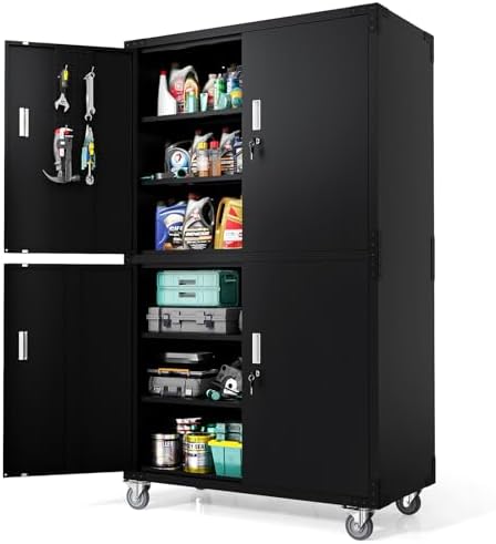 VINGLI Large Garage Storage Cabinet with 4 Doors, Upgraded Height & Wide & Deep, 43''W x 23''D x 75''H, Oversized Metal Storage Cabinet with Pegboards Wheels Locks and Adjustable Shelves (Black)