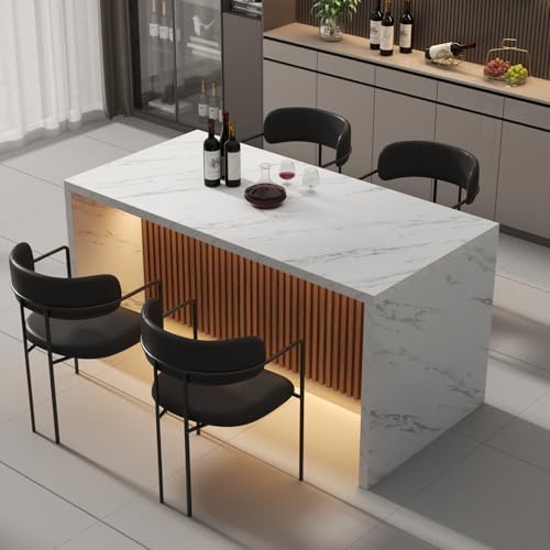 63" Large Imitation Marble Dining Table for 4-6 People, Island Table with LED Lights, Mordern Marble Stripes Kitchen Dining Table with Grille design for Dining Room, Home, Office, Living Room (White)