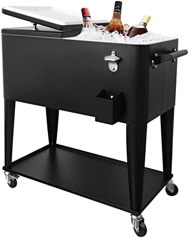 Nattork Portable Rolling Cooler Cart 80 Quart Cooler cart, Ice Chest Cart Trolley Rolling Cart Cooler with Wheels Outdoor Beverage Cooler for Patio Ice Chest with Shelf, Water Pipe and Bottle Opener
