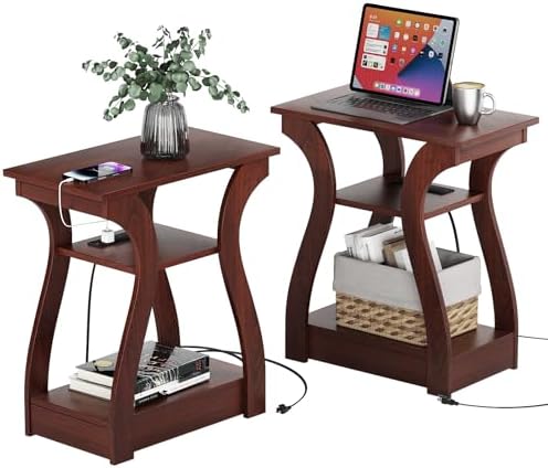 End Tables Living Room Set of 2,Cherry End Table with Charging Station,Side Table, Nightstand for Bedroom, 3 Tier End Table with Storage Shelf for Living Room(Cherry)