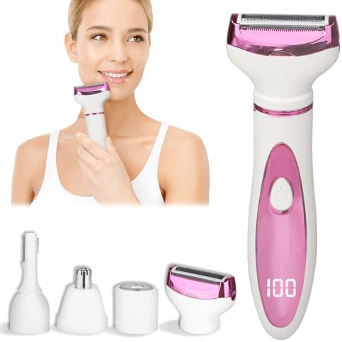 Electric Razor for Women Men,4 in 1 Painless Ladies Wet & Dry Body Razors and Facial Hair Remover,Rechargeable Led Display Hair Removal Kit for Nose Face Body Leg Bikini Arm Hair (Pink)