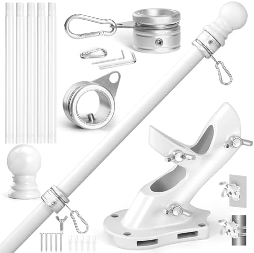 Anovo Flag Pole Kit- Stainless Steel 6 FT Flag Poles with1 Inch Metal 360° Rotating Flag Pole Rings Clip, Two-Position Flag Pole Holder Brackets Mounting for Outside House Outdoor Porch(6 FT - White)