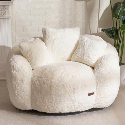 MAXYOYO Bean Bag Chair with 3 Pillows, Oversized Floral Shaped Bean Bag Sofa for Adults, Ultra Soft Faux Fur Floor Sofa, Large Stuffed Reading Chair for Living Room Bedroom, Beige