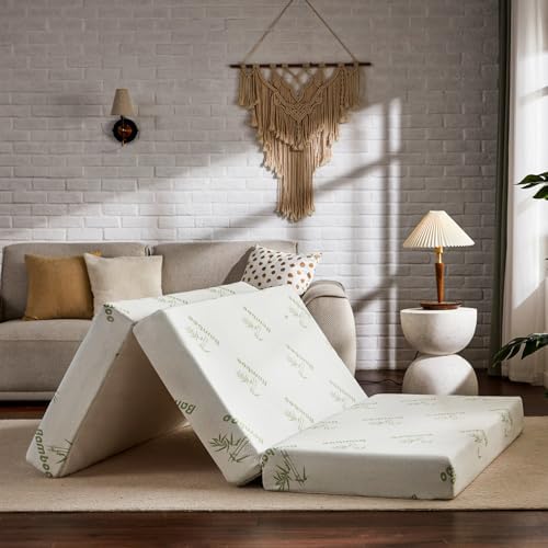 SINWEEK Memory Foam Folding Mattress, 4 Inch Foldable Trifold Mattress Topper, CertiPUR-US Certified Guest Bed with Cooling Cover & Waterproof Lining