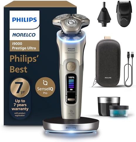 Philips Norelco Shaver i9000 Prestige Ultra, Wet & Dry Electric Shaver, White Gold, SenseIQ Pro Technology, Triple Lift & Cut System, 360 Rotating NanoTech Precision Blades, Beard Styler, XP9403/88