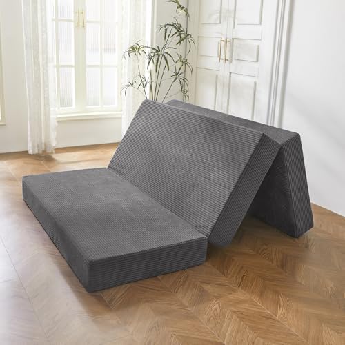 BYBYME Corduroy Tri-Folding Mattress, 6 Inch Gel Folding Mattress Topper, Foldable Soft Guest Bed Camping Pad, Washable Cover (Dark Gray, Twin)