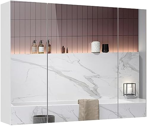 Medicine Cabinets Bathroom Mirror Cabinet with 3 Door 31.5x23.6 Inch Bathroom Wall Cabinet with Mirror Wall Mirror Storage Shelf with 3-Adjustable Shelves Storage Organizer Kitchen Cupboard,White