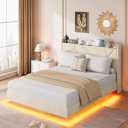 GarveeHome Queen Size Floating Bed Frame, Suspended Bed with RGB LED Lights and Charging Station, Upholstered Bed Frame with Storage Headboard and Button Tufted, No Box Spring Needed, Beige