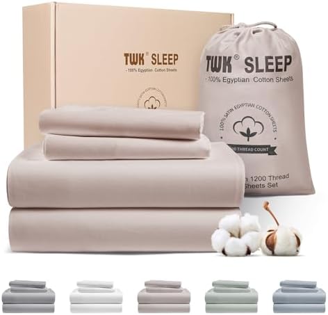 TWK 1200 TC 100% Egyptian Long-Staple Cotton Bedding Sheets Set, Luxury Hotel Style Deep Pocket with Elastic Reinforced Seams Sheet Set, Soft & Comfy Natural Sheets (Sand, Queen)