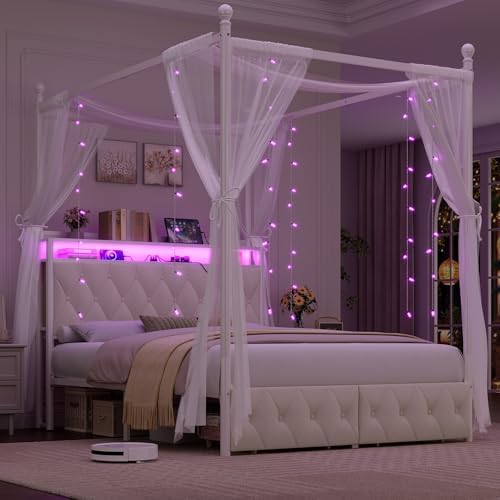 HIFIT Full Size Upholstered LED Canopy Bed Frame with Storage and Charging Station, Button Tufted Storage Headboard with Bookshelf, Two-Use Metal Platform Bed with 4 Removable Posts & 2 Drawers, Biege
