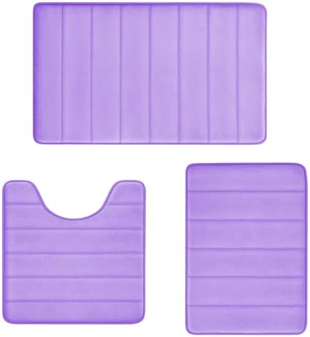 RUN HELIX Lavender Bathroom Rug Set 3 Pieces Ultra Soft, Striped Non Slip Memory Foam Toilet Mat, Absorbent Plush Shaggy Bath Mats for Bathroom, Bedroom, Kitchen