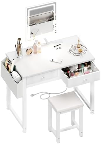 Lufeiya Small Makeup Vanity Desk with Fabric Drawers, 32 inch White Vanity Desks with Mirror and Light, Dressing Table and Chair Set with Power Outlet for Girls Bedroom, White