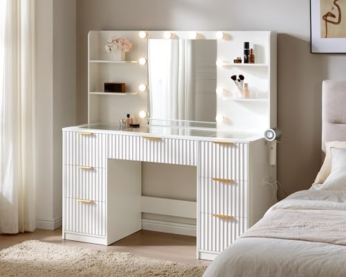 AMERLIFE 47.2" Fluted Vanity Desk with Mirror and Adjustable LED Lights, Large 7 Drawers Makeup Table with Glass Top and Charging Station for Women and Girls, Bedroom or Dorm, White