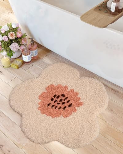 LUMI Cute Bath Mat, Pink Flower Rug, Soft Plush Fluffy Red Bath Mat, Absorbent, Non-Slip for Bathroom, Kitchen Sink, Bedroom, Kid's Bedroom, and Living Room, 25"x26"