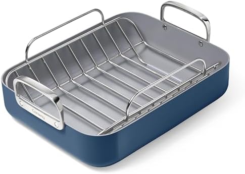 Caraway Roasting Pan - 16x13” Roasting Pan with Rack - Non-Stick Ceramic Coated - Non Toxic, PTFE & PFOA Free - Oven Safe & Compatible with All Stovetops - Navy