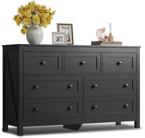 WLIVE Farmhouse Dresser for Bedroom, 51.18'' Wide 7 Drawer Wood Dresser, Black TV Stand for 65 inch TV, Wooden Chest of Drawers for Bedroom, Modern Clothes Organizer for Living Room, Hallway