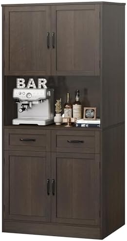 HOSTACK 71“ Tall Kitchen Pantry Storage Cabinet, Modern Kitchen Hutch Bar Cabinet with Microwave Stand, Wood Buffet Sideboard with Hutch, Cupboard with Drawers, Shelves for Dining Room, Dark Brown