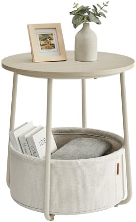 VASAGLE Small Round Side End Table, Modern Nightstand with Fabric Basket, Cream White ULET223K67