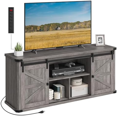VASAGLE TV Stand for TVs up to 65 Inches, Farmhouse Entertainment Center with Sliding Barn Doors, TV Console Table for Living Room, Misty Gray ULTV324G68