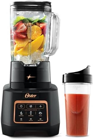 Oster Extreme Mix Blender, 64oz Glass Jar, 3 iBlend Preset Functions, 1600-Watts, 10-Point Blade Stack with Titanium Coating & 24oz Blend-N-Go Cup