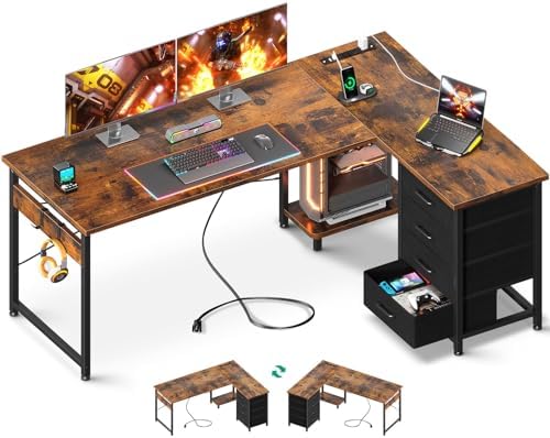 AODK L Shaped Desk with 4 Tier Drawers, 61" Reversible Gaming Desk with Power Outlets, L Shaped Computer Table with USB Charging Port and Host Stand, Home Office Table, Easy to Assemble, Vintage