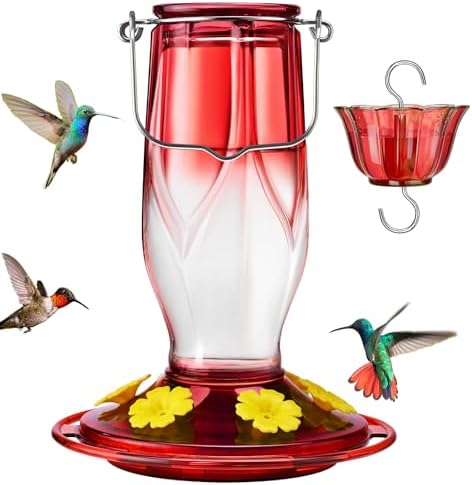 Kingsyard Glass Hummingbird Feeders for Outdoors Hanging, 6 Feeding Ports, 16 Ounces Bird Nectar Feeder, Rustproof Leakproof, Easy to Refill & Clean, Garden Backyard Decor, Ant Moat Included, Red
