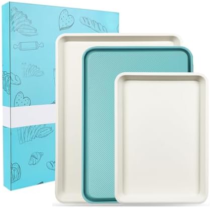 3-Pack Blue Ceramic-Coating Baking Sheet Pans, PFOA/PFOS/PTFE-Free Nonstick Cookie Sheet Trays, 0.8mm Thick Heavy Duty, with Diamond Texture, Replacement Toaster Oven Tray for Everyday Baking