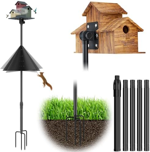 97-Inch Bird Feeder Pole,Adjustable Bird House Pole Stand with Squirrel Baffle,Heavy Duty Adjustable Height Metal Birdfeeder Poles for Outdoor (Bird House Not Included)