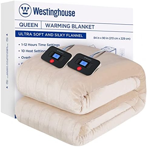 Westinghouse Electric Blanket Queen Size, Super Cozy Soft Flannel 84"" x 90"" Heated Blanket with 10 Fast Heating Levels & 1-12 Auto-Off, Machine Washable, ETL&FCC Certification, Beige