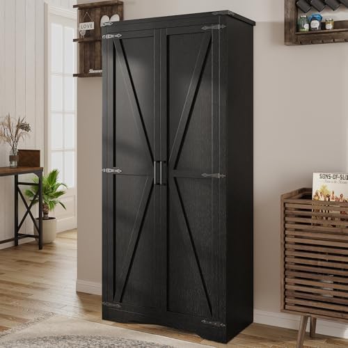 Black Farmhouse Storage Cabinet with Adjustable Shelves, Large Pantry Organize with 2 Barn Doors, Tall Freestanding Cabinet for Kitchen, Bathroom, Garage, Basement, Living, Utility Room