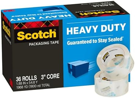 Scotch Heavy Duty Shipping Packing Tape, Clear, Shipping and Packaging Supplies, 1.88 in. x 54.6 yd., 36 Refill Tape Rolls