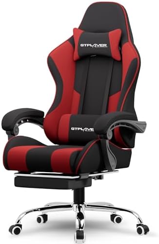 GTPLAYER Gaming Chair, Computer Chair with Footrest and Lumbar Support, Height Adjustable Game Chair with 360°-Swivel Seat and Headrest and for Office or Gaming (RED, Fabric)