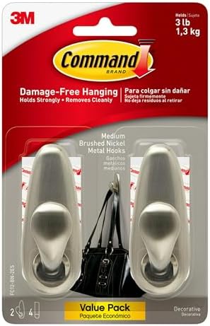 Command Medium Brushed Nickel Metal Hooks, 2 Hooks and 4 Command Strips, Damage Free Wall Hooks with Adhesive Strips, Forever Classic Hooks for Hanging Home Decor, Holds up to 3 lb