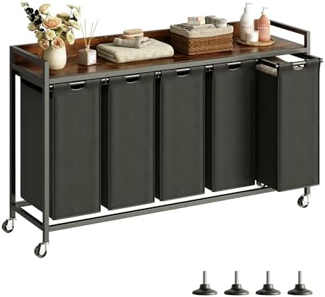 Laundry Hamper with Shelf, Laundry Basket 5 Section, Laundry Sorter with Pull-Out Removable Large Bags and Movable Wheels, Metal Frame, 5 x 15.87 Gallons (60L), Rustic Brown + Blck PF08XLY